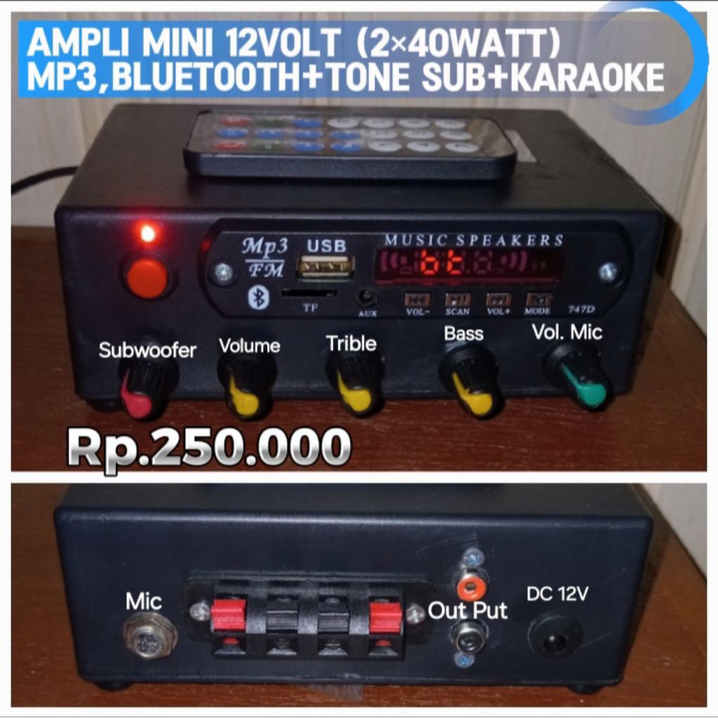 POWER AMPLIFIER / AMPLI MINI 12 VOLT 40x2 Watt (MP3+ BLUETOOTH+ TONE STERIO+ SUBWOOFER+MIC KARAOKE)