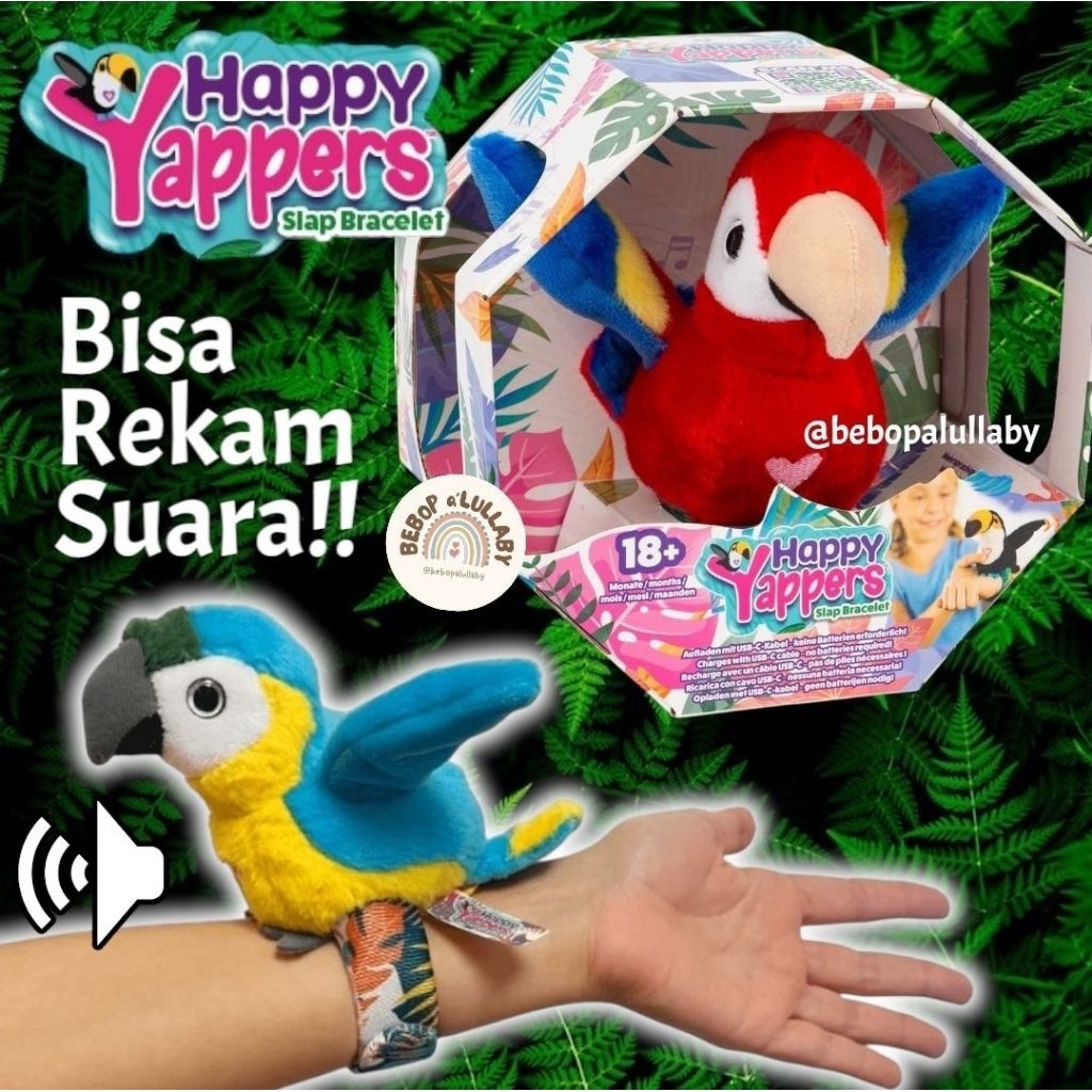 [BISA REKAM SUARA] SLAP BAND HAPPY YAPPERS GELANG BINATANG BURUNG BONEKA SLAPBAND RED PARROT BLUE