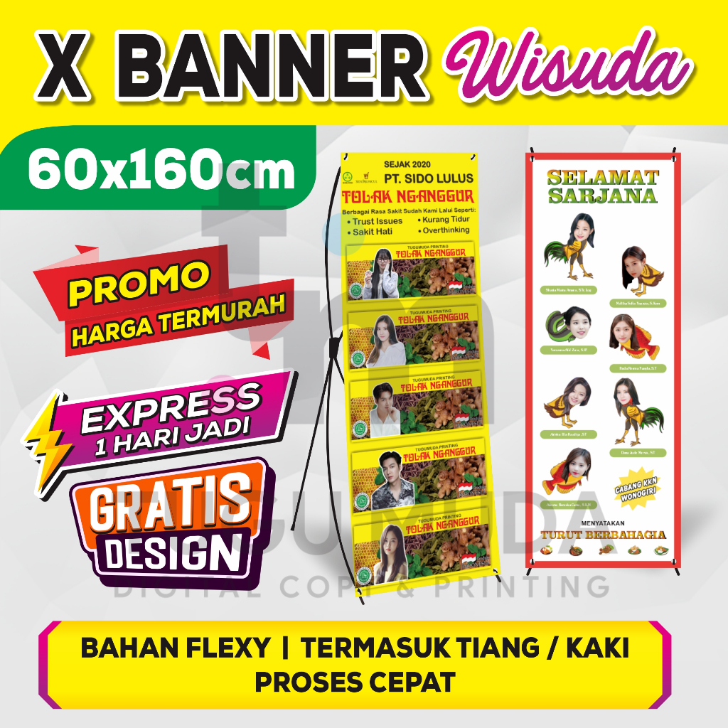 Miawmiaw_Id Cetak X-Banner Wisuda X Banner Sidang Outdoor Standing Banner Lulus 60X160Cm Sempro