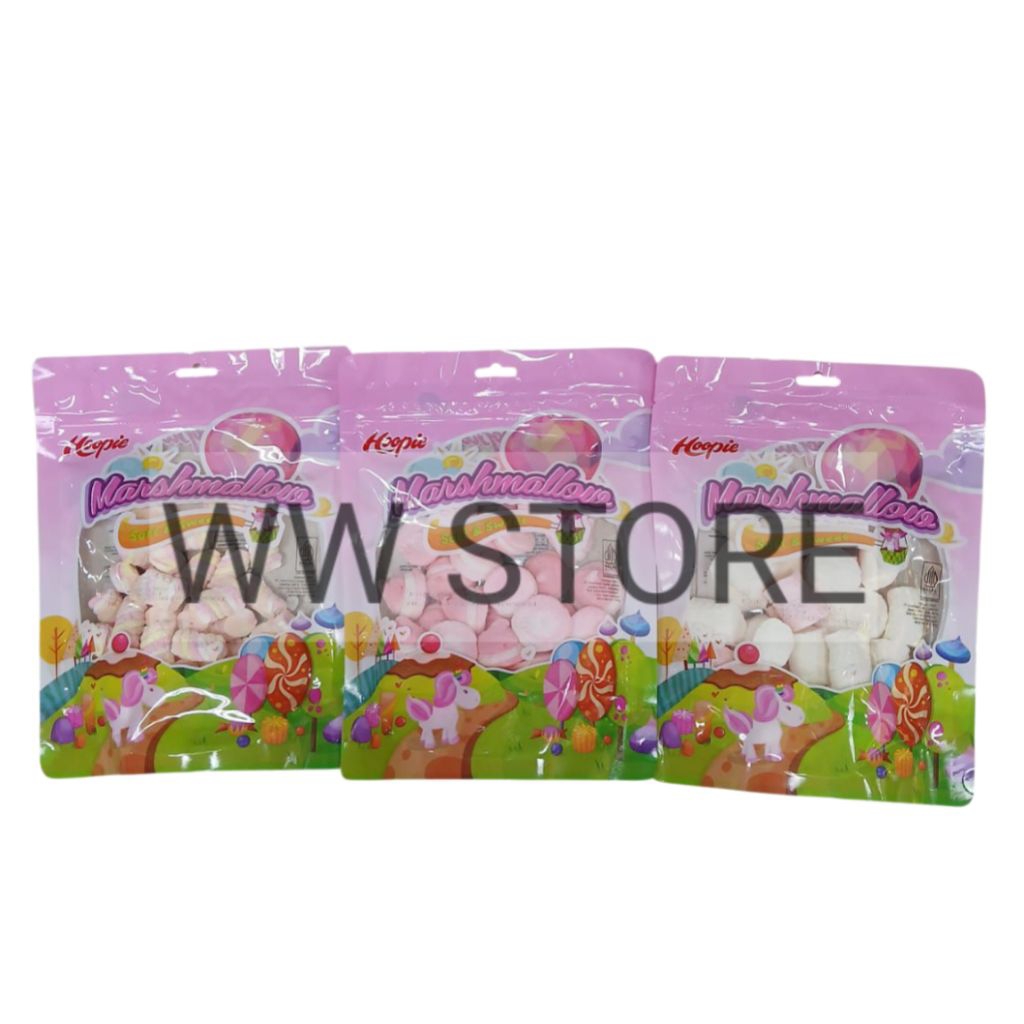 

Permen marshmallow warna pink putih rasa vanila buah stroberi halal MUI Hoopie Soft & Sweet Burger / Twist / Tube Pink & White Strawberry & Vanilla Flavour Flavor Marshmallows 150g