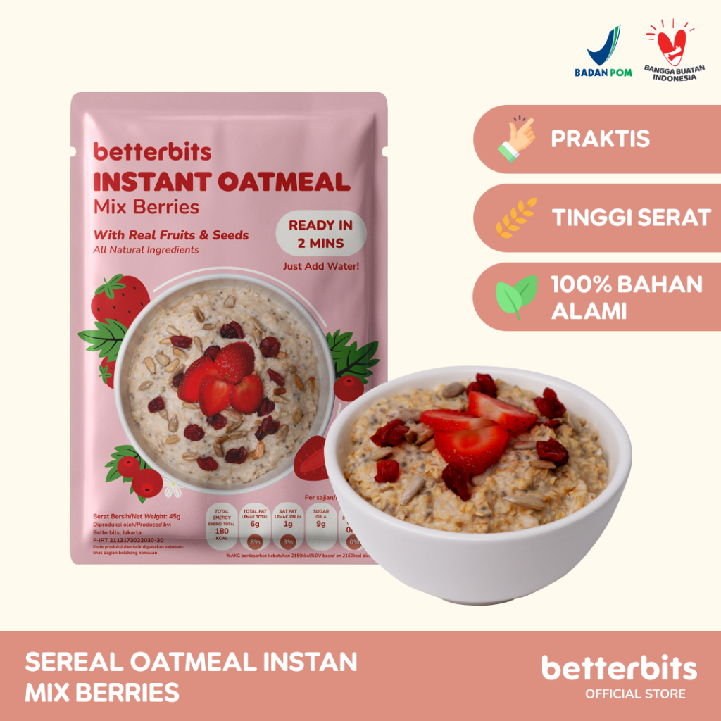 

Betterbits Oatmeal Instan - Mix Berries | Sarapan Sehat & Praktis | Whole Grain Sereal Sachet Rendah Kalori | 45g