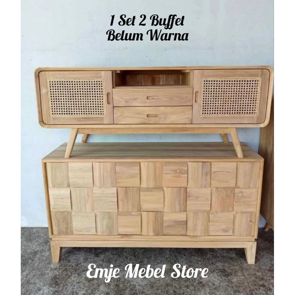 set buffet jati meja kayu minimalis lemari hias