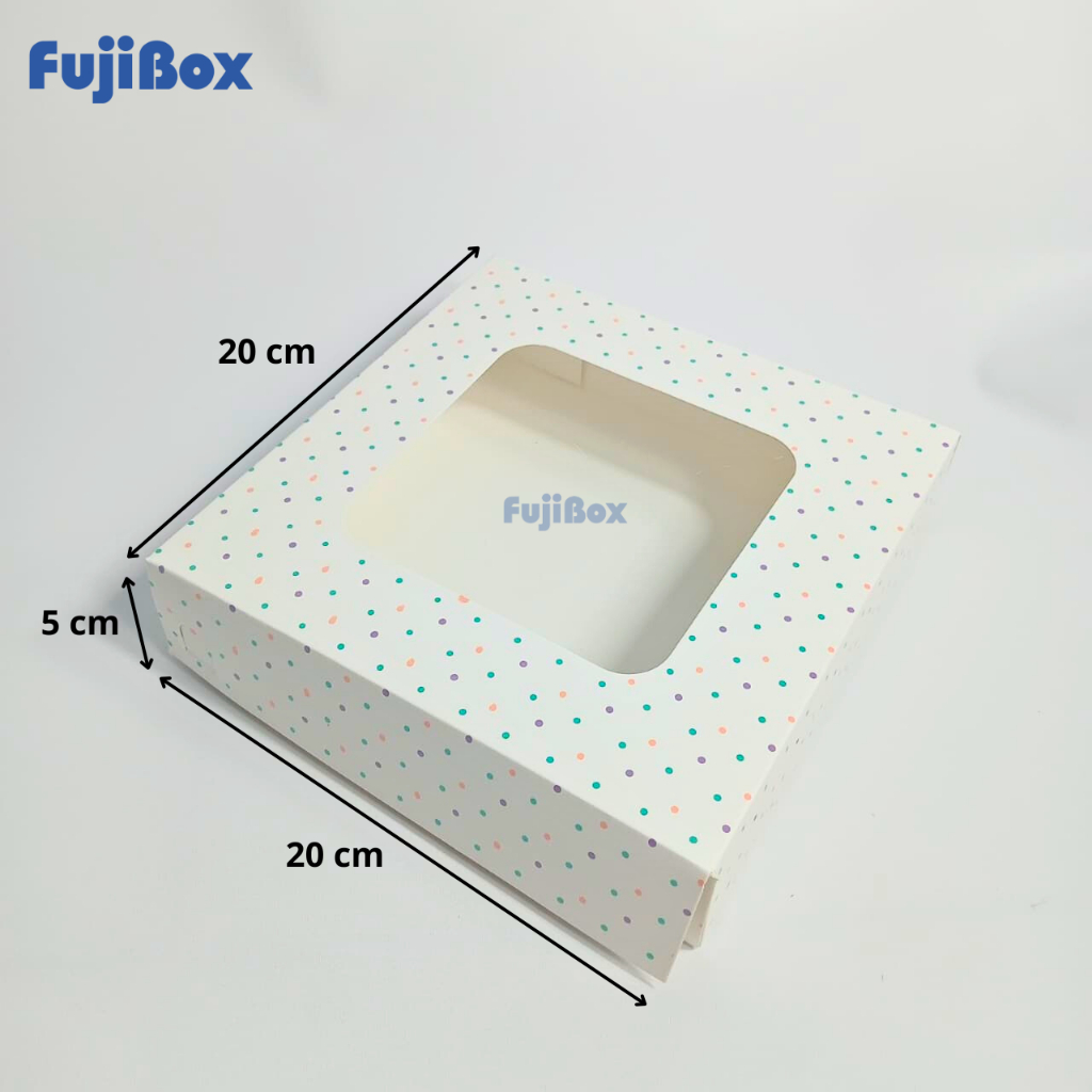 

( 10 Pcs ) Fuji Box Dus Kotak Kue Cake Brownies Pie Ivory Motif Polkadot Warna Warni 20 cm x 20 cm x 5 cm Putih Ivory Premium Jendela