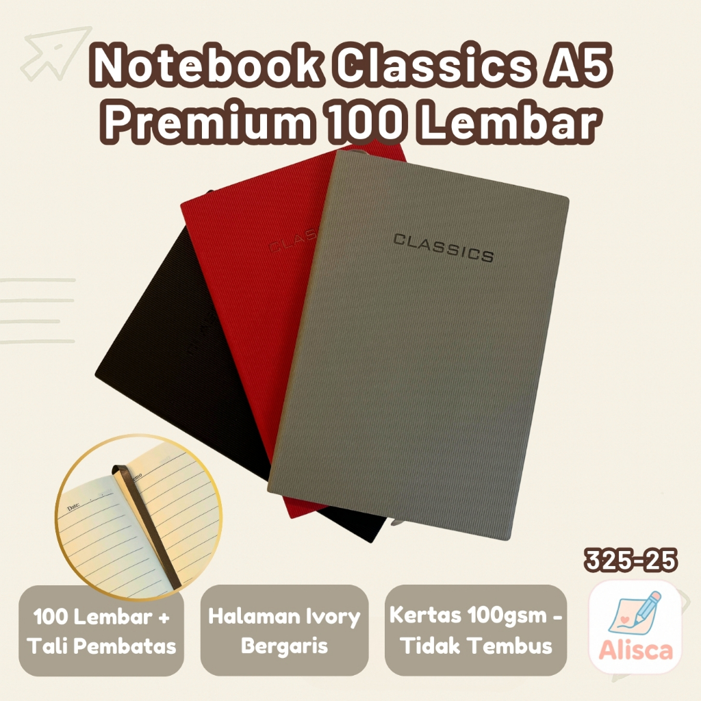 

Notebook Agenda Dicai A5 Classics 325-25 - Buku Catatan Premium Motif Garis Ivory 100 Lembar -Alisca