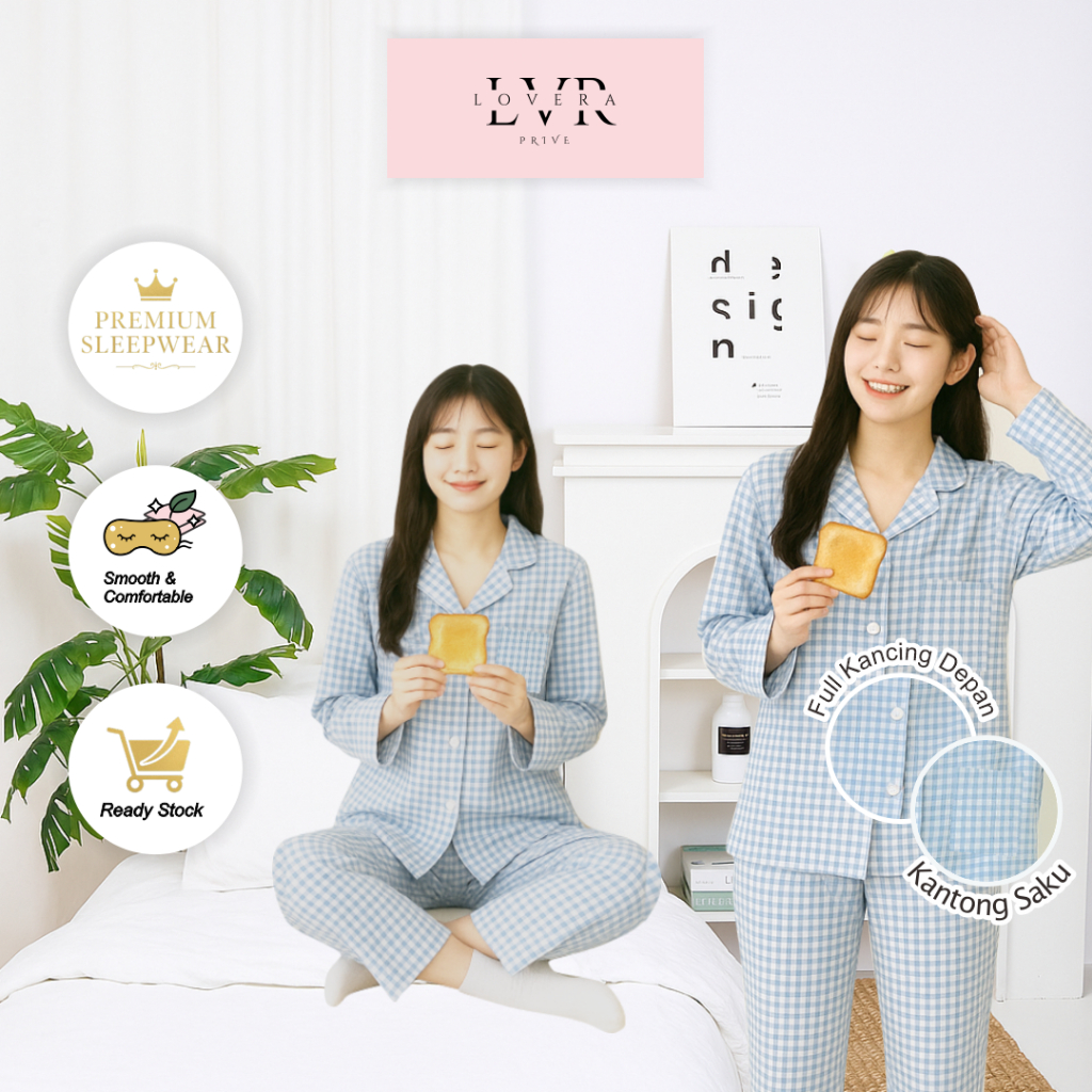 Lovera Baju Tidur Wanita Dewasa Piyama Pajamas Lengan Panjang Celana Panjang Kemeja PP Seri Kotak