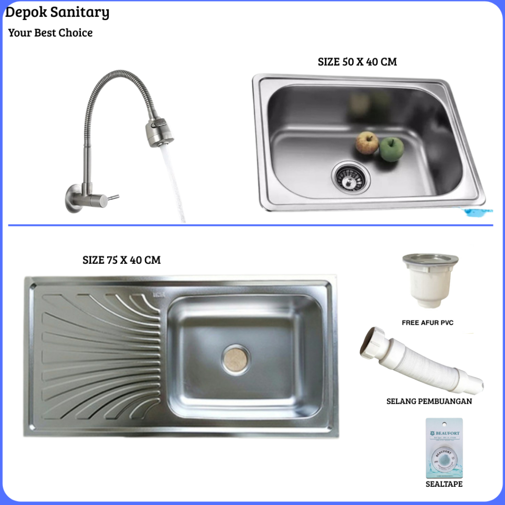 BAK CUCI PIRING KITCHEN SINK STAINLESS STEEL 75X40CM 50X40CM