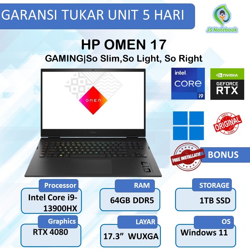 HP OMEN 17 I9 13900 RTX4080 12GB/ 64GB 1TB W11 17.3QHD IPS 165HZ