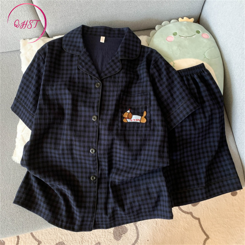 QHST Piyama Set Wanita Satin Anjing Natal Hitam Celana Pendek Lengan Pendek Baju Tidur Import