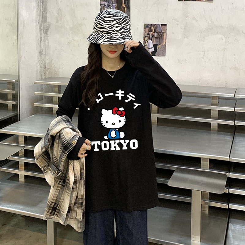 YIKOO - T Shirt Oversize Kaos Lengan Panjang Citra Kucing Atasan Wanita