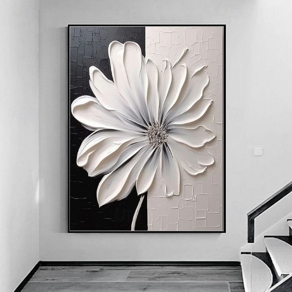 Lukisan Dinding Bunga Hitam Putih - Lukisan Tangan Asli - Lukisan Tekstur Timbul Elegant Aesthetic 3