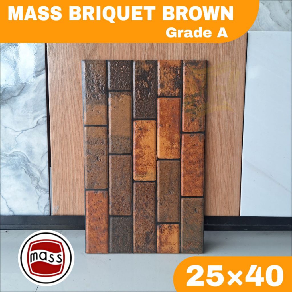 Keramik dinding murah 25×40 MASS Briquet brown motif batu kasar keramik dinding teras, kamar mandi, 
