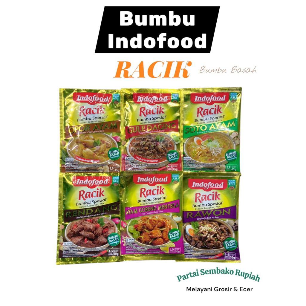 

Racik Indofood All Varian(Rendang, rawon,opor, kare, soto ayam,gulai,gule)Terlaris Grosir (6 pcs)