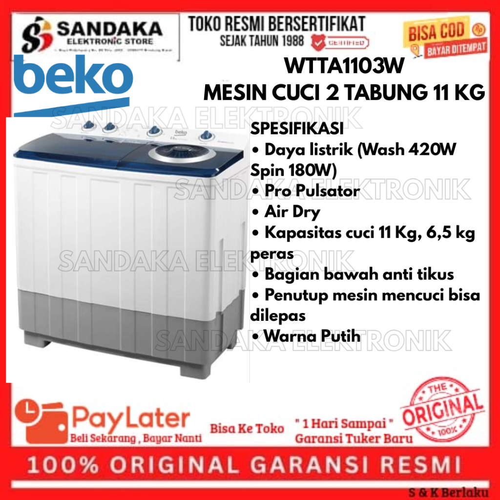 mesin cuci 2 tabung 11 kg BEKO WTTA1103W garansi resmi promo