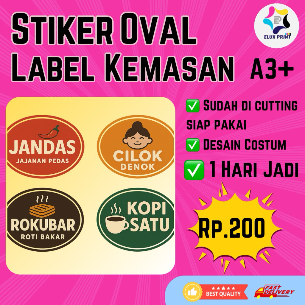 

Cetak Stiker Oval Costum Bebas Desain Sudah Cutting Chrome A3 Label Makanan Minuman
