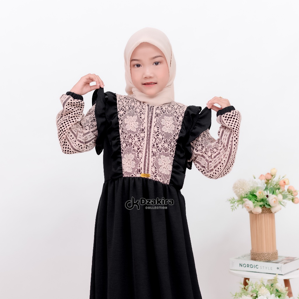 Gamis anak perempuan baju muslim terbaru bahan premium mix brokat malika usia 1-10 tahun tanpa hijab