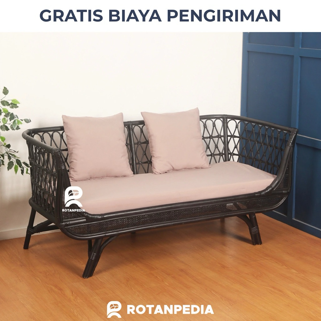 Sofa Banch Rotan Minimalis 3 Seater / Sofa Tamu Panjang Rotan / Kursi Sofa Sandaran Rotan / Sofa Bia
