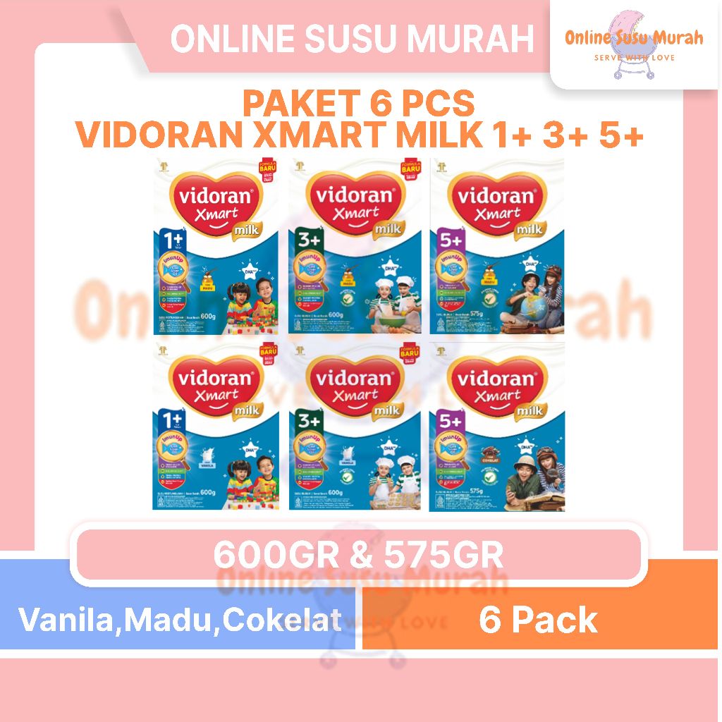 VIDORAN PAKET 6 PCS XMART MILK 1+ 3+ 5+ 600GR 575GR VANILA MADU COKELAT TAHAP 1 3 5 600 575 GR SSKD