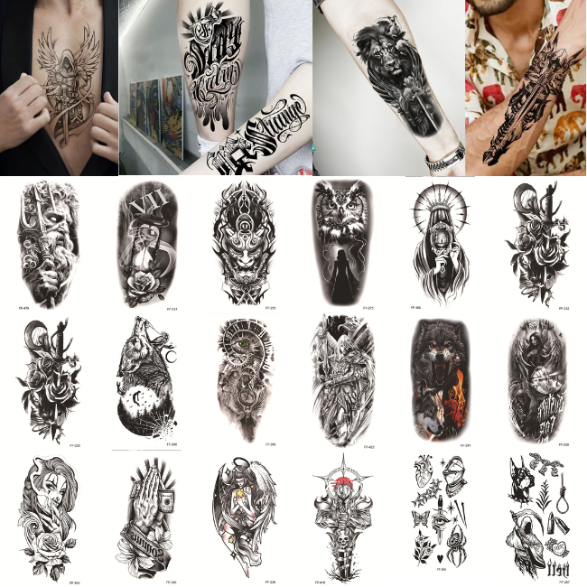 Tattoo Temporary Waterproof – Tato Sticker Palsu Tahan Air Tattoo Tahan Lama Motif Pedang, Serigala
