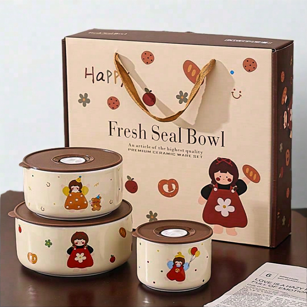 Three Piece Set - Sealed Bowl Instant Noodle Bowl Set Gift Microwave / 3 Pcs Set Mangkok Tutup Seal 