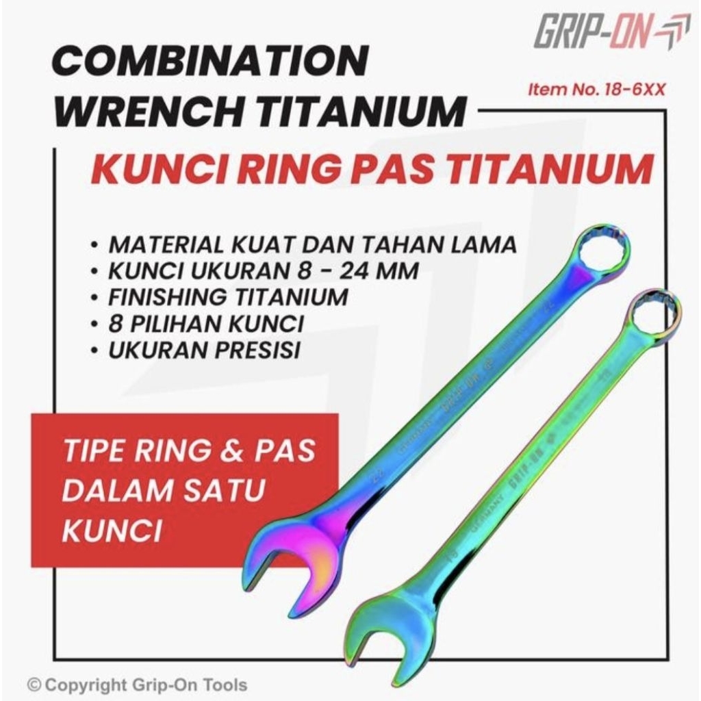 Grip-On Kunci Ring Pas Titanium Combination Wrench metric 8-24 mm ecer