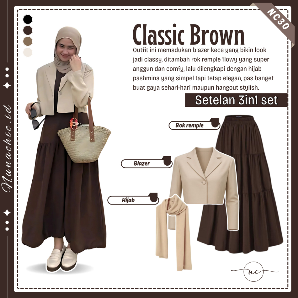 One Set Hijab OOTD Wanita Kekinian Atasan Blazer Dengan Rok Susun Remple Dan Hijab Pashmina NC30
