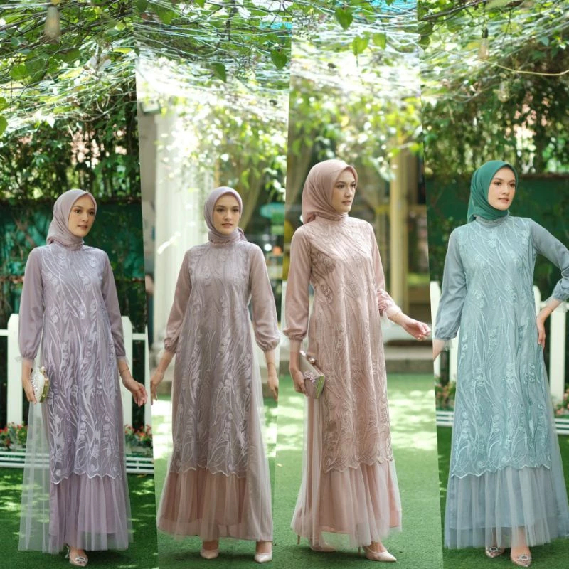 Cod Jumbo Ada Malika Emely Dress Brokat Kombinasi Tile Velvet Mutiara Gamis Brukat Lebaran 2022 Baju