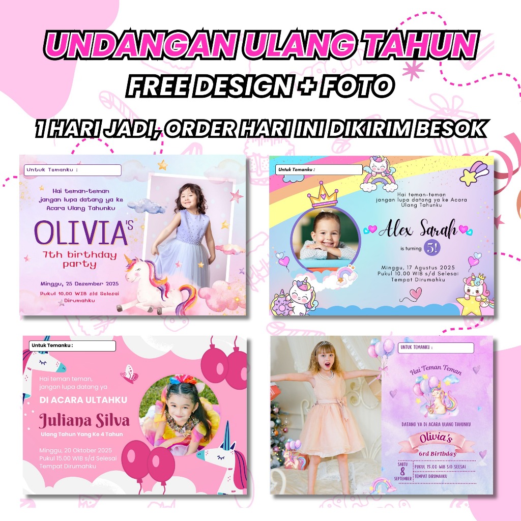 

Undangan Ultah Anak Custom — (SEHARI JADI) Bisa Tambah Foto Plastik Tempel Ukuran 7x10cm | Desain Lucu & Unik