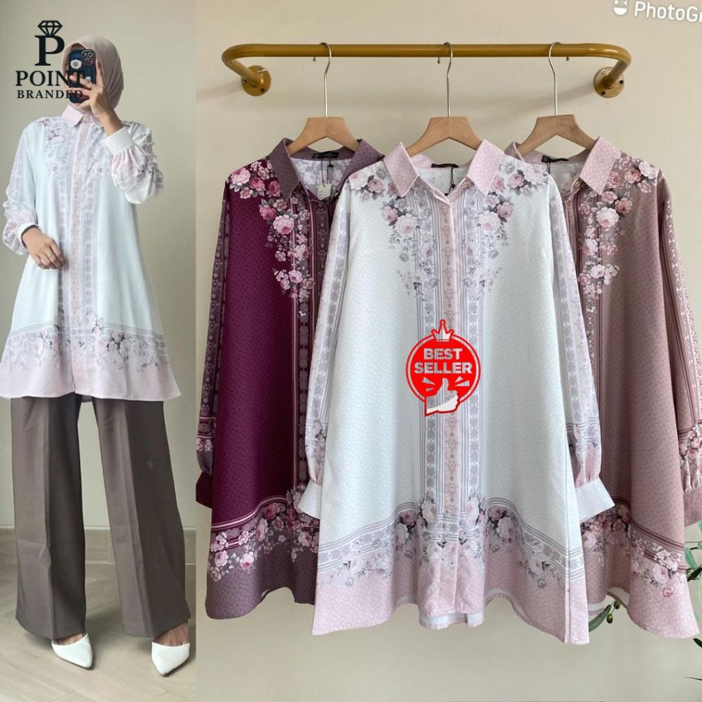 Tunik Silk Premium Print Motif Bunga Elegan Lengan Panjang Wanita Import
