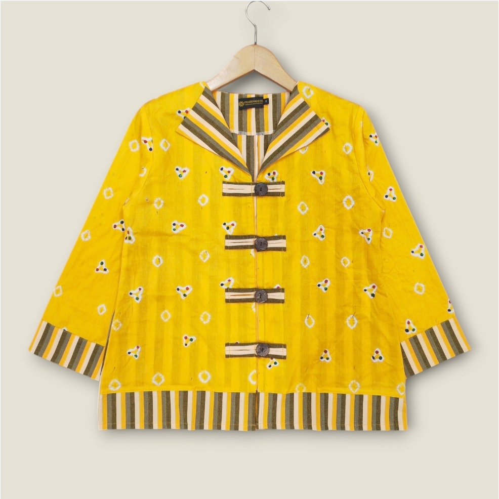 PRABUWANGSA BATIK - kemeja batik wanita kuning jumputan kombinasi lurik