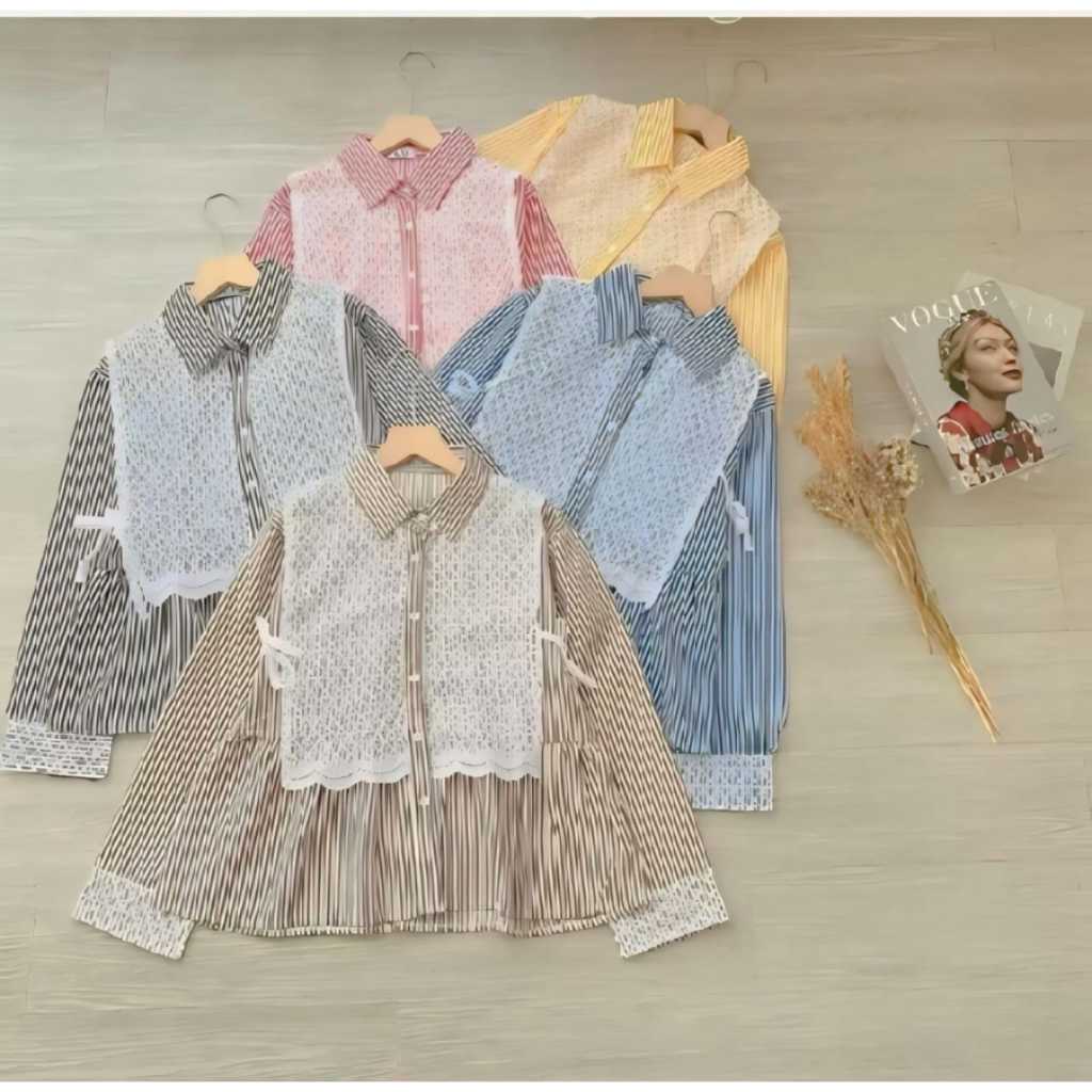 Arumi Blouse Stripe Brukat / Kemeja Brukat Kombinasi Salur Dan Motif Polos