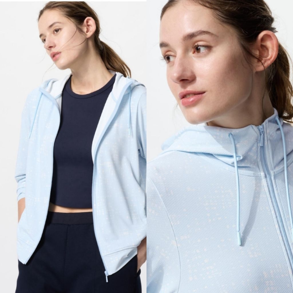 UNIQLO WANITA JAKET AIRISM HOODIE MESH PROTEKSI SINAR UV MOTIF 60 LIGHT BLUE BARU ASLI ORIGINAL