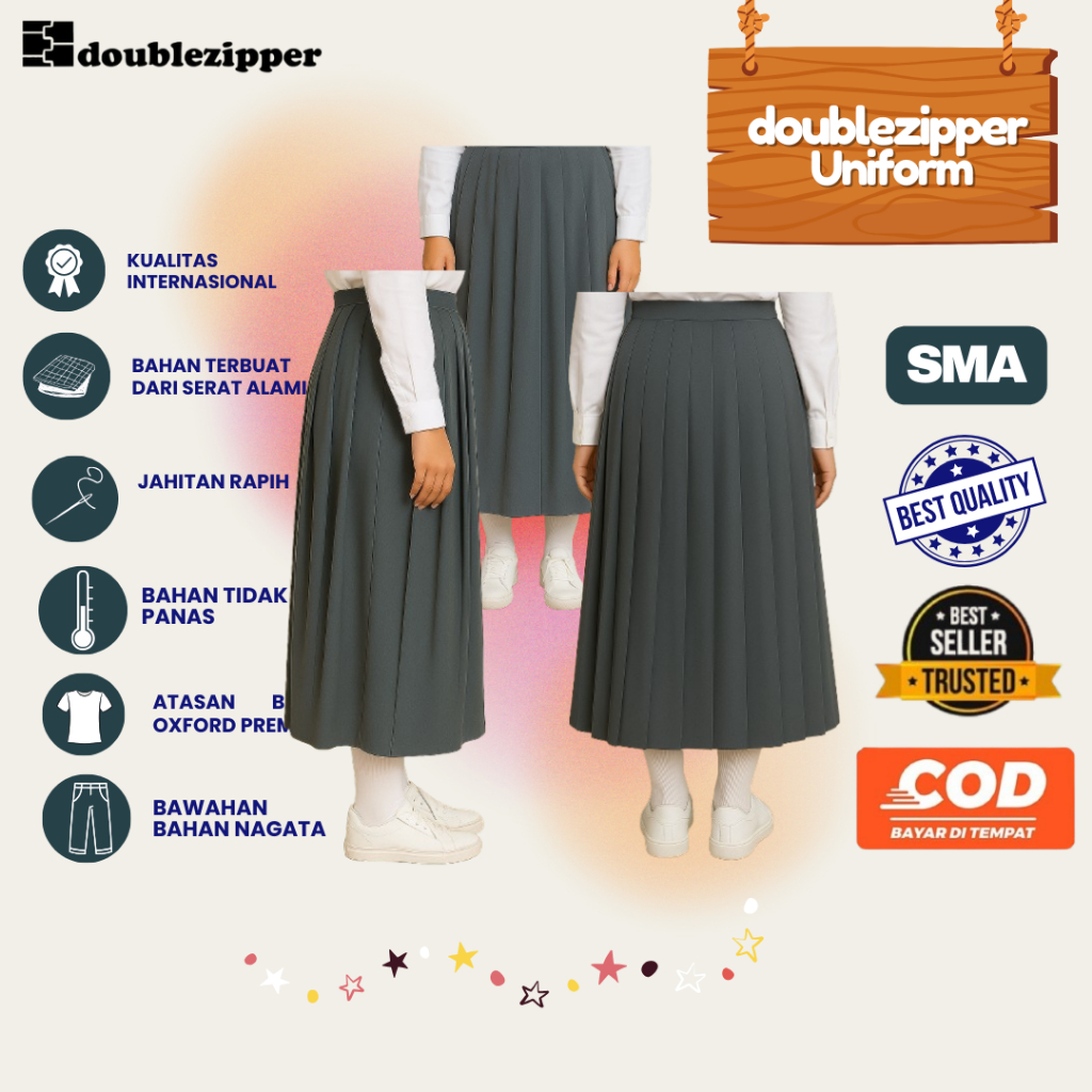 DOUBLEZIPPERSTOREID BAWAHAN SERAGAM SMA SMK | BAWAHAN ROK PANJANG | ROK ABU-ABU SMA PREMIUM