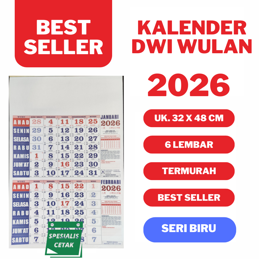 

KALENDER KERJA 2026 DWI WULAN SERI BIRU MERAH, 2 BULANAN ISI 6 LEMBAR MURAH