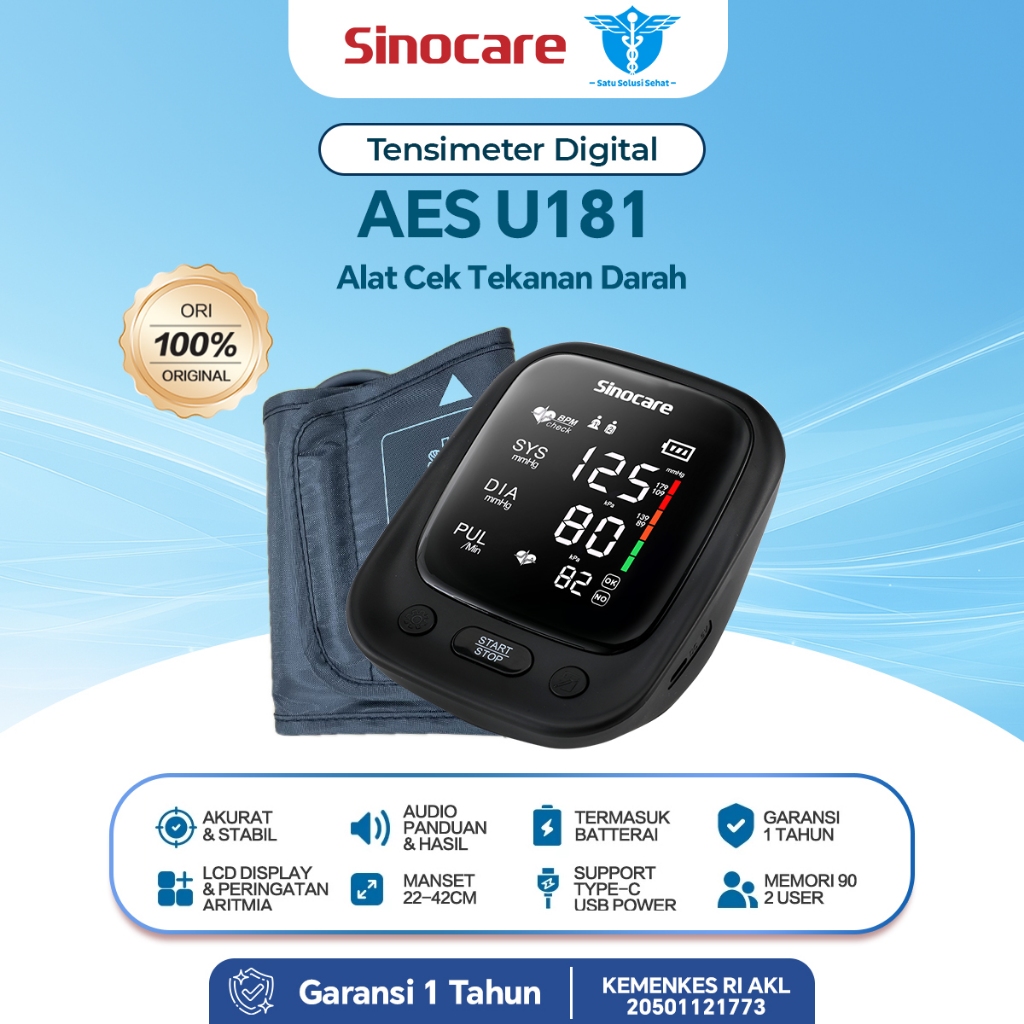 [PROMO] Sinocare Alat Cek Tekanan Darah AES U181 Tensi Digital Otomatis Batterai atau USB Type-C