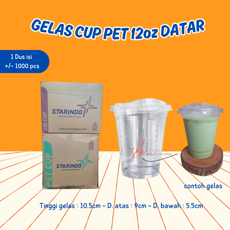 1 Dus Gelas Cup PET 12oz Datar Starindo l Tutup Gelas Plastik Strawless