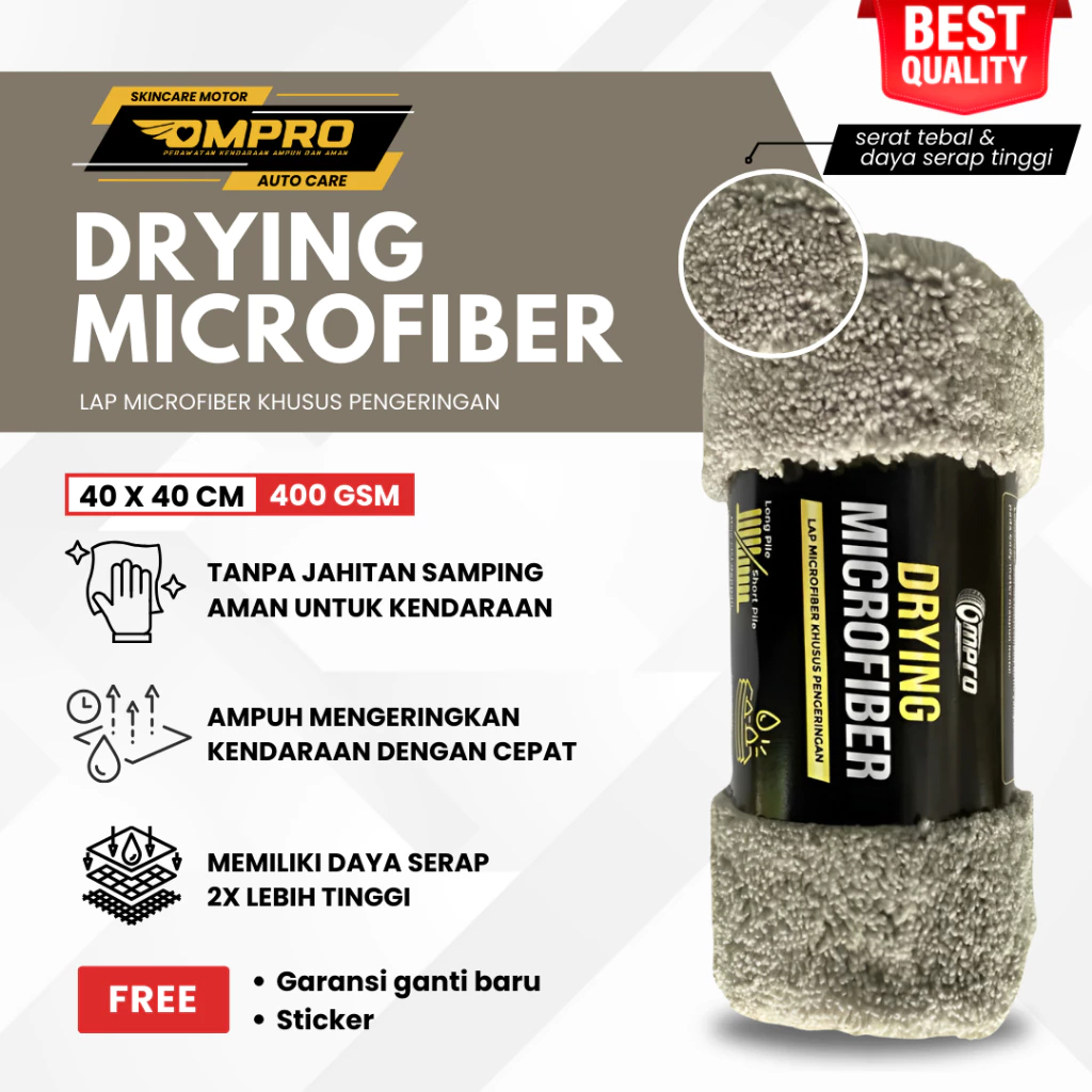 Ompro Drying Microfiber Premium Kain Lap Microfiber Mobil Pengering Motor 40x60 Drying Microfiber