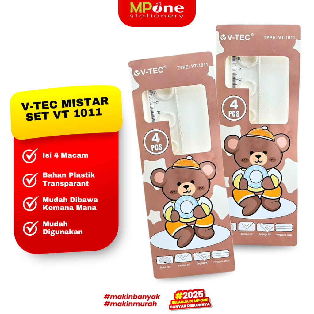 

(1 SHEET) V-Tec Mistar Set 4 IN 1 VT-1011 Cover Bear / Penggaris Plastik Set fancy Isi @4PCS V-TEC