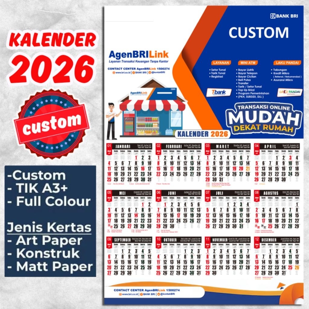 

Cetak Kalender kustom Tahun 2026 BriLink Bri link Promosi, souvenir usaha, Toko, Pesantren, Perusahaan, Sekolah, Yayasan