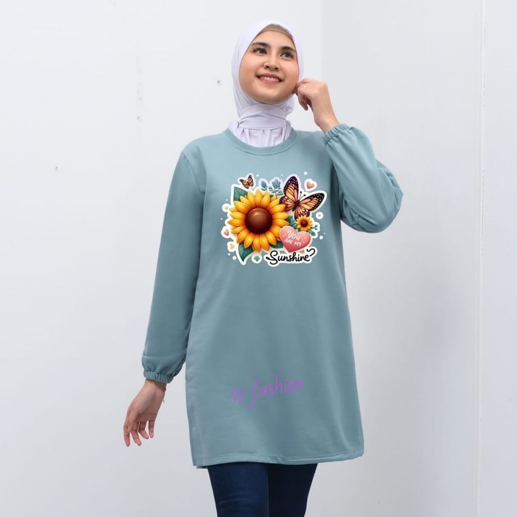 Kaos tunik wanita Muslimah Basic Yang Cantik Motif Sunshine Kupu-Kupu Bunga Matahari Kekinian