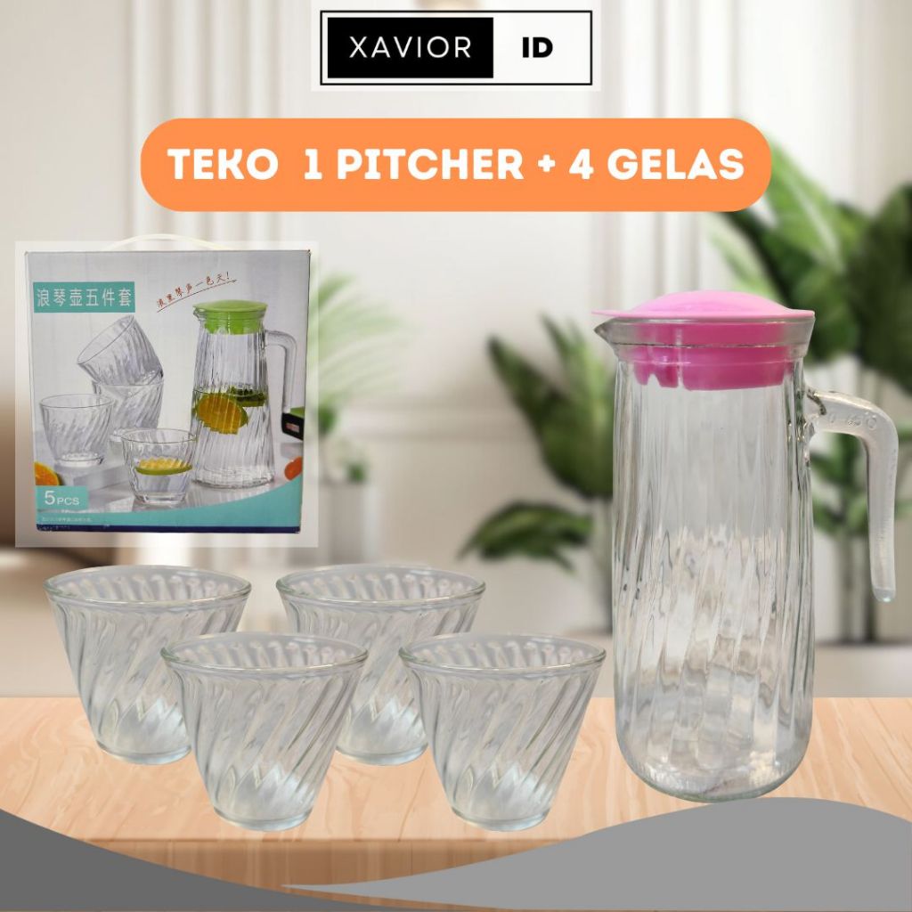 XV Teko Set + 4 Gelas Kaca Warna Pink | Pitcher Teko Set Drink