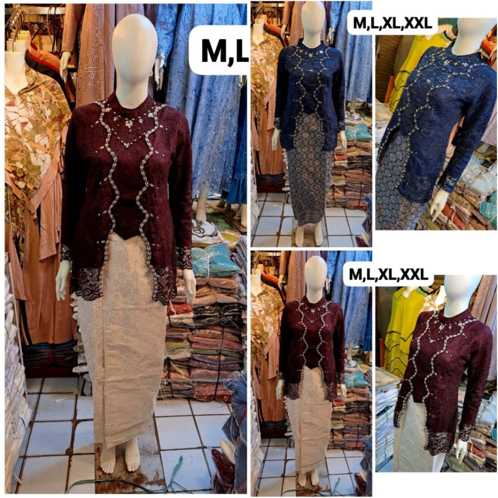 SETELAN KEBAYA SONGKET DEWASA BAHAN BRUKAT FULL KOMBINASI PAYET