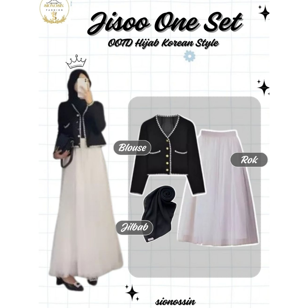 One Set Jisoo Atasan Cardigan Rajut 3in1 Korean Style Rok Tutu Tile Premium Hijab Segi Empat Setelan