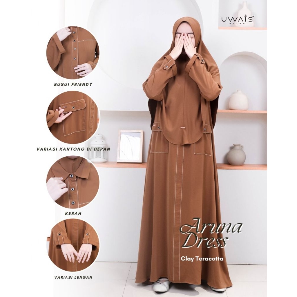Aruna Dress by Uwais Hijab Gamis Wanita Formal Kasual Barbara Silk Anti UV Polos Terbaru Jumbo Simpe