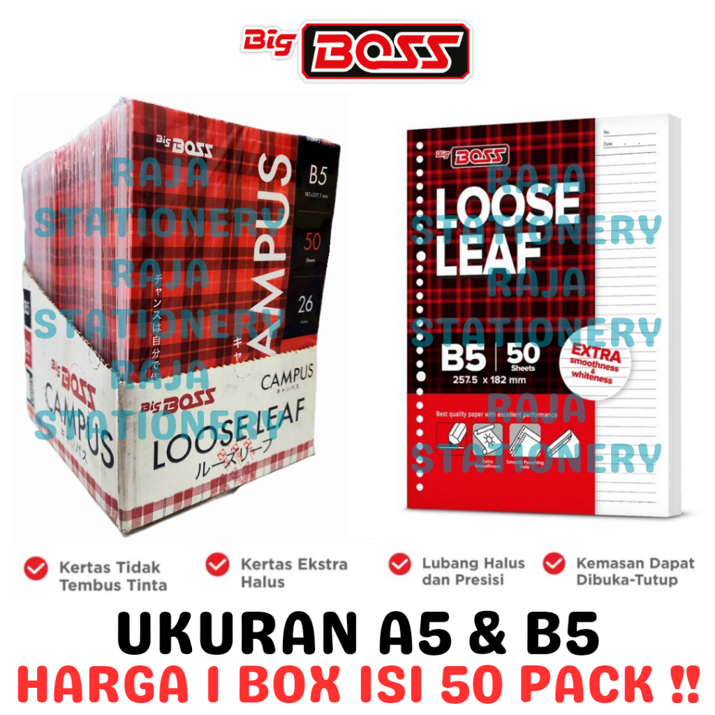 

BIG BOSS LOOSE LEAF A5 B5 RULED 20 26 HOLES KERTAS BINDER BIG BOSS A5 B5 GARIS 20 26 LUBANG KERTAS FILE PUTIH KARTON BOX [50PACK]