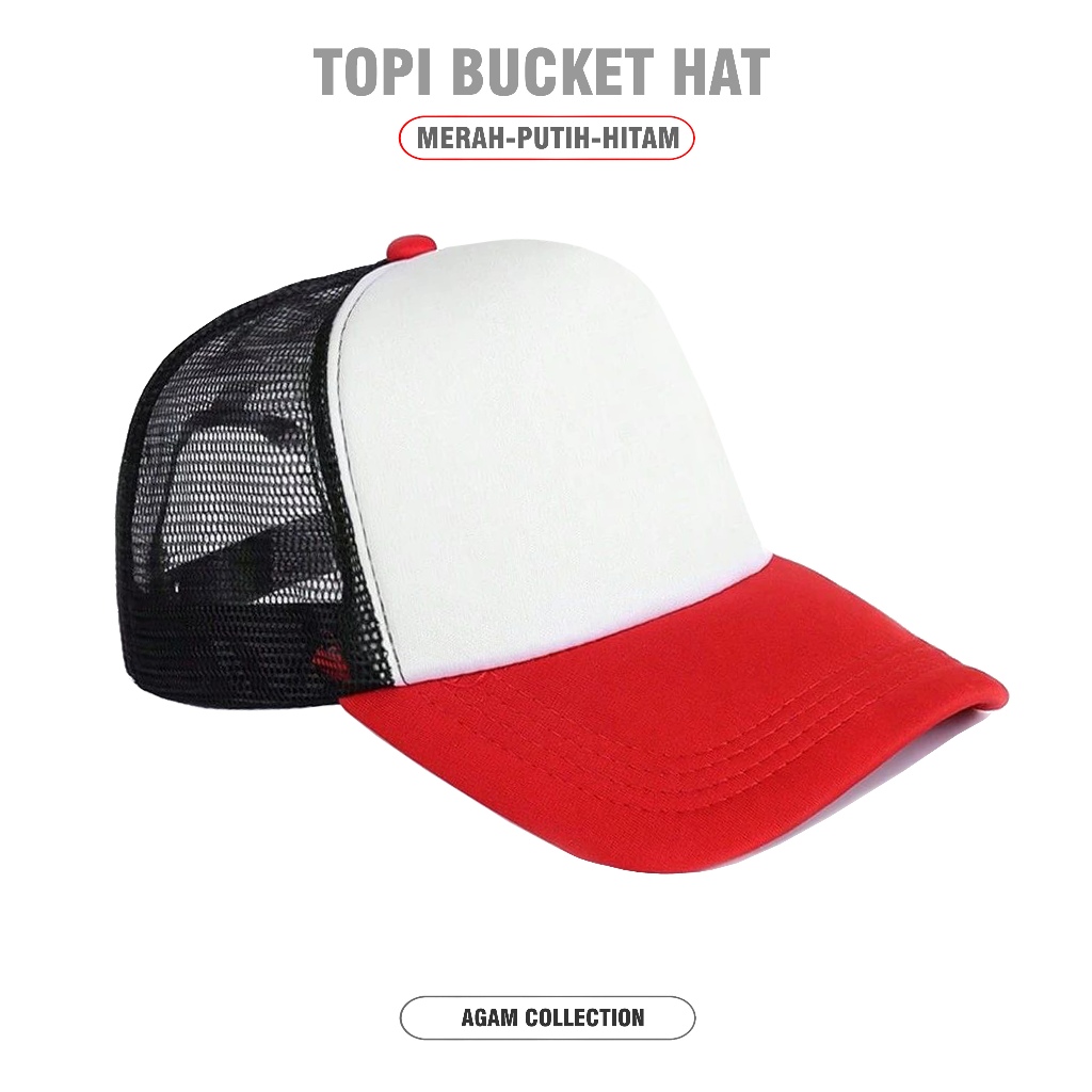 Agam Collection - Topi Trucker Polos Merah-Putih-Hitam Topi Jaring Dewasa Unisex