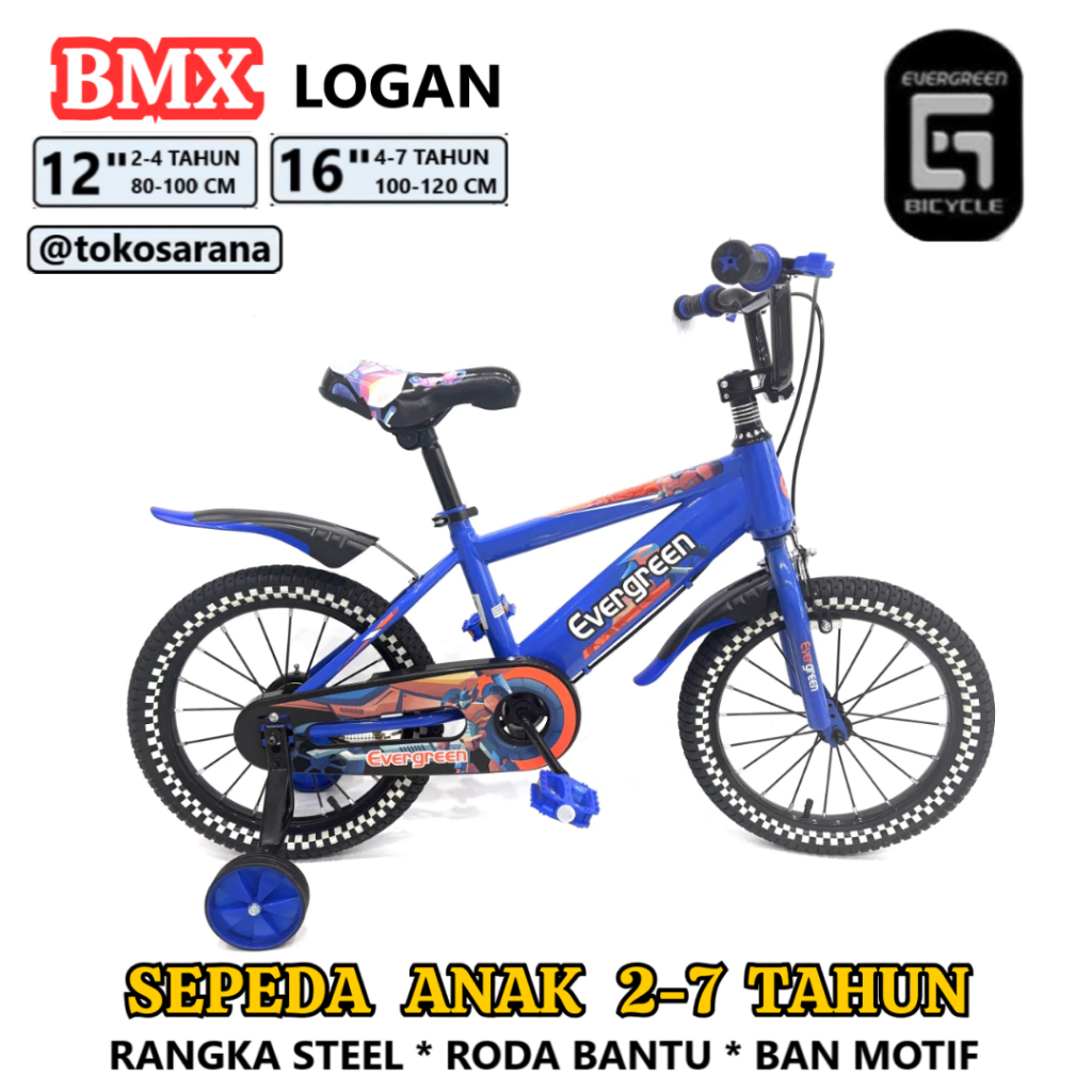 EVERGREEN Logan BMX 12 16 Inci Sepeda Anak Laki Laki Usia 2-7 Tahun Rangka Steel Roda Samping