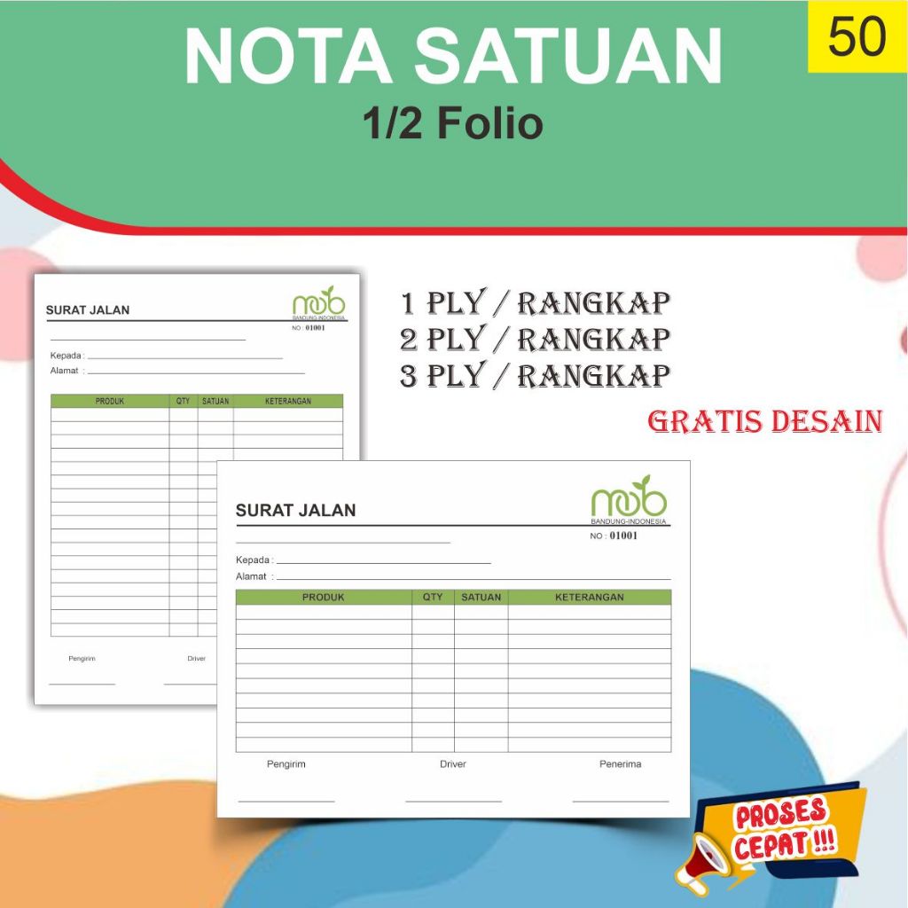

Cetak nota satuan Ukuran 1/2 Folio HVS, nota Custom, Cetak nota nama Toko Custom Murah