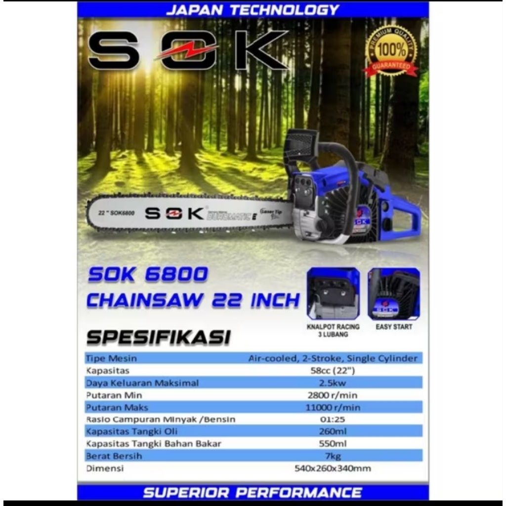 Mesin Senso 22 inch Bar Baja Merk SOK 6800 / Mesin Chainsaw 22 inch Bar Baja Terbaik / Mesin Gergaji