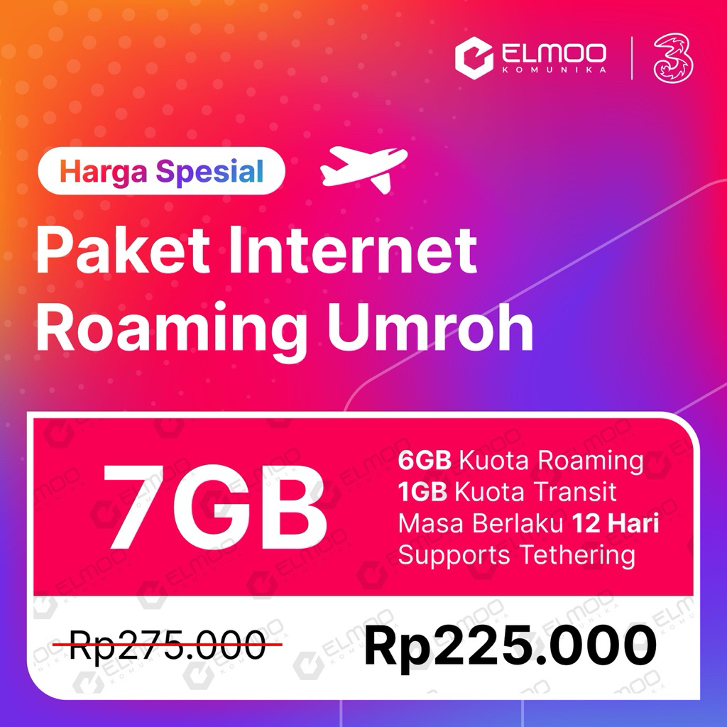 Paket Internet Roaming Umroh 3 (Tri) Kuota 7GB Masa Aktif 12 Hari