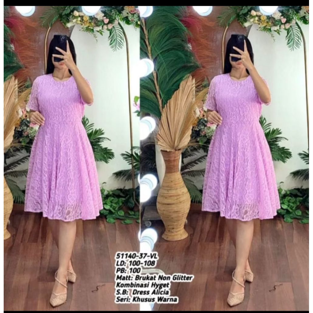 MIDI DRESS LENGAN LURUS LEHER V BAHAN FULL BROKAT GLITTER TEBAL MIX ORGANDI PAYET IKAT PINGGANG BISA